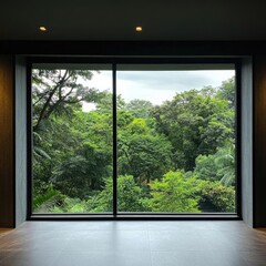 Lush green forest view through large window, serene nature scenery, peaceful green landscape, indoor outdoor connection