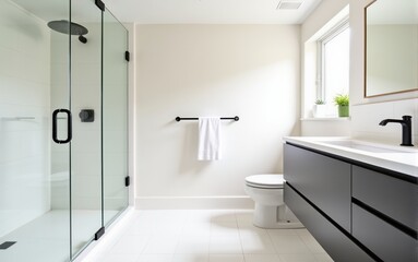 Cozy bathroom with a modern design. Spacious shower with black fixtures, round mirror, white tiles, and wooden furniture creating a harmonious and calming space.