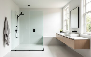 Cozy bathroom with a modern design. Spacious shower with black fixtures, round mirror, white tiles, and wooden furniture creating a harmonious and calming space.