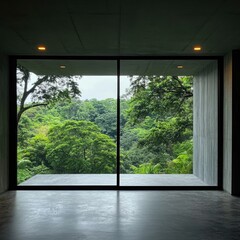 Inside view of greenery through large window, tranquil forest scene, modern architecture, nature outside room