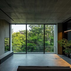 Fototapeta premium modern living room, large windows, green view, indoor plants, concrete design, minimalist space, sunlight streaming, peaceful vibe