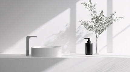 Obraz premium White minimalist bathroom interior with a lone black soap dispenser on a smooth countertop, highlighting high contrast and clean lines