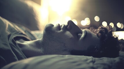 A man sleeping on a pillow with his mouth slightly open, illuminated by soft light. sleep apnea, insomnia,sleep disturbance,breathing problems,suffocation, Health issues