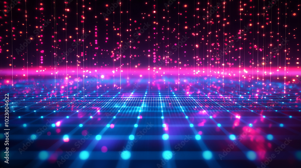 Poster futuristic energy grid with glowing lines and vibrant digital particles in a virtual cyber network