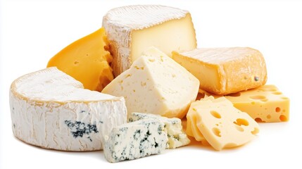 Fototapeta premium Various types of sara. Cheese assortment. A set or assortment of cheeses. Suluguni, Camembert, Blue Cheese, Parmesan, Maasdam, Brie, Cheddar, Dorblu. 