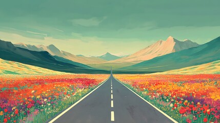 A highway with fields and mountains in the background, flat illustration style