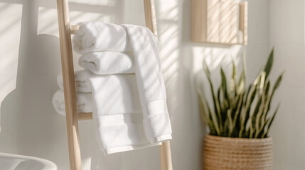 White towel on a modern rack in a clean, light-filled minimalist bathroom with neutral walls