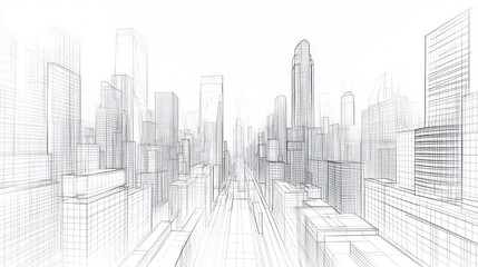 Wireframe rendering of a futuristic city skyline.