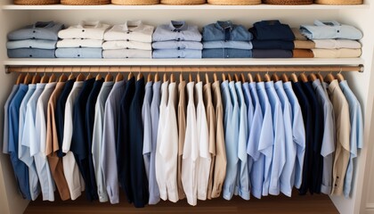 Immaculately organized closet showcasing neatly hung clothes for effortless style and easy access.