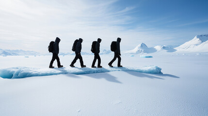 Group of hikers traversing a snowy landscape, showcasing adventure and exploration in a pristine, icy environment.