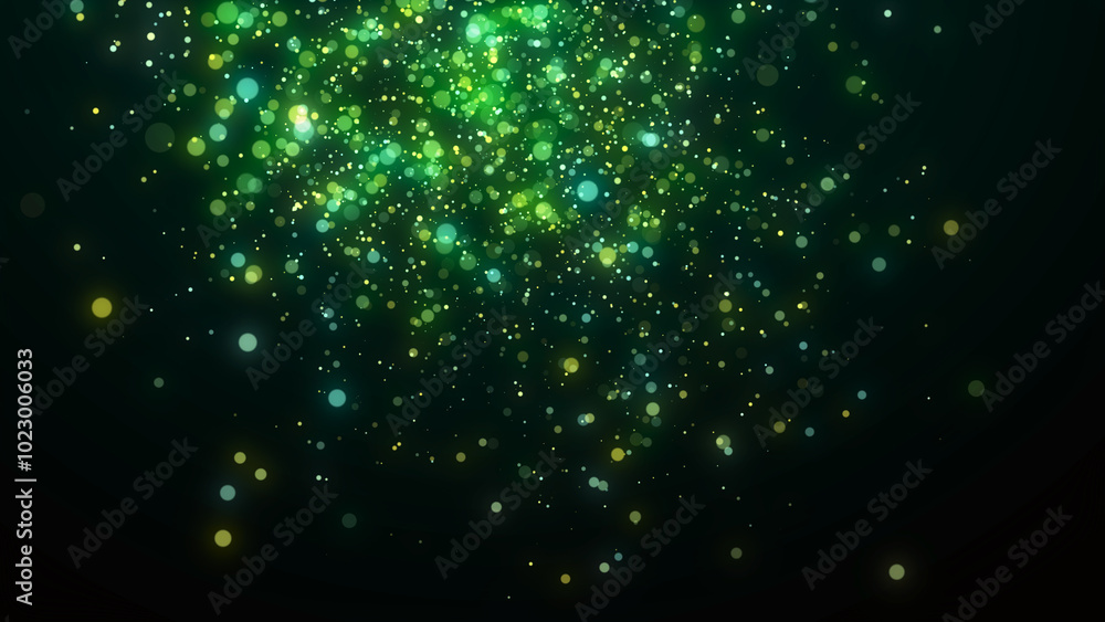 Aufkleber Green dust particles with bokeh effect. Abstract background of particles. Cosmic galaxy illustration. 3d rendering.