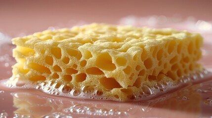 Yellow sponge with a honeycomb structure partially submerged in soapy water, creating bubbles.