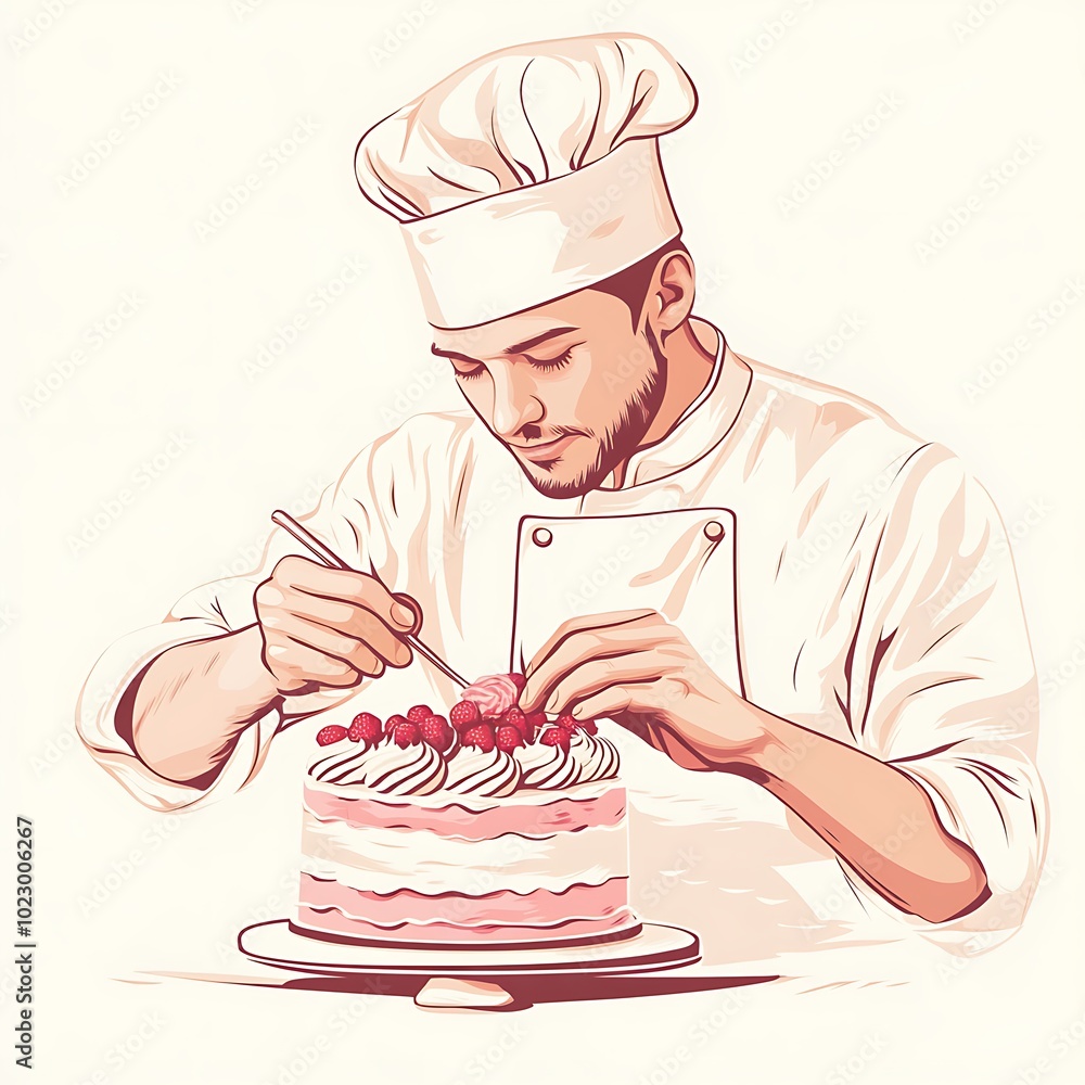 Canvas Prints Pastry Chef Decorating a Cake with Raspberries.