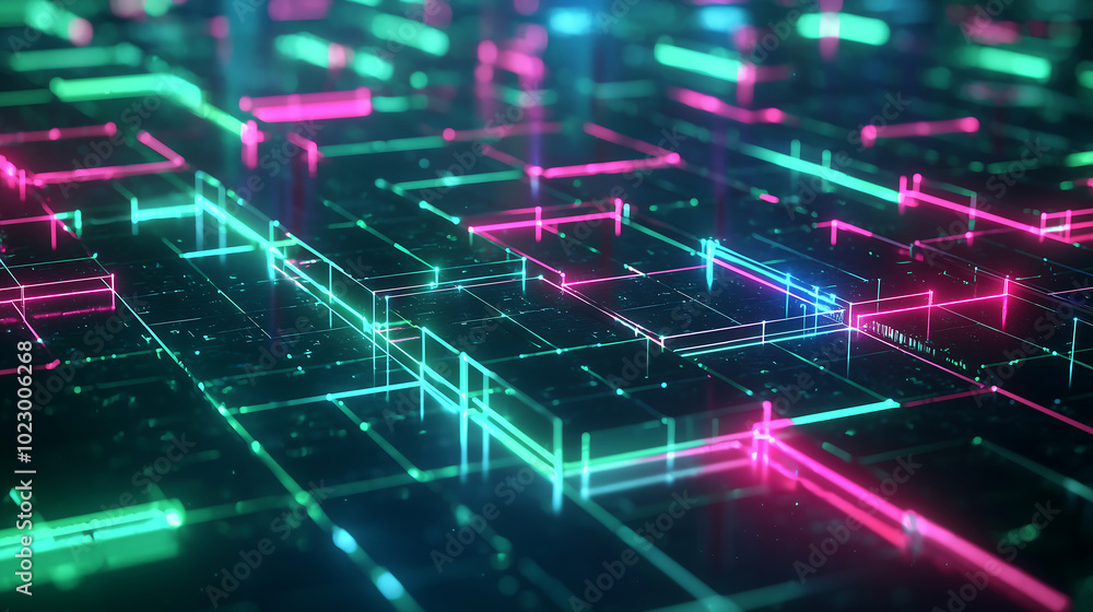 Poster futuristic network grid with glowing connections and neon geometric lines in a digital cyber system