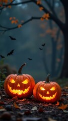 Two halloween pumpkins glowing in a spooky forest at night