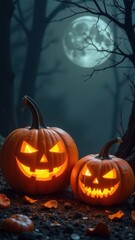 Two illuminated jack o'lanterns glowing in spooky halloween forest