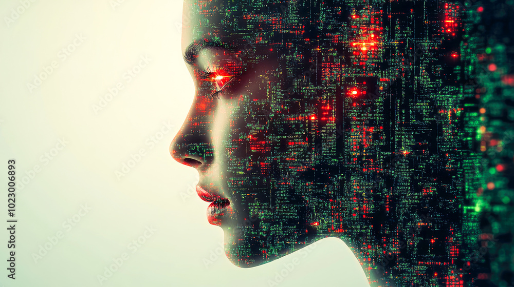 Poster a face in profile with digital interface elements, showcasing a symbiotic relationship between human