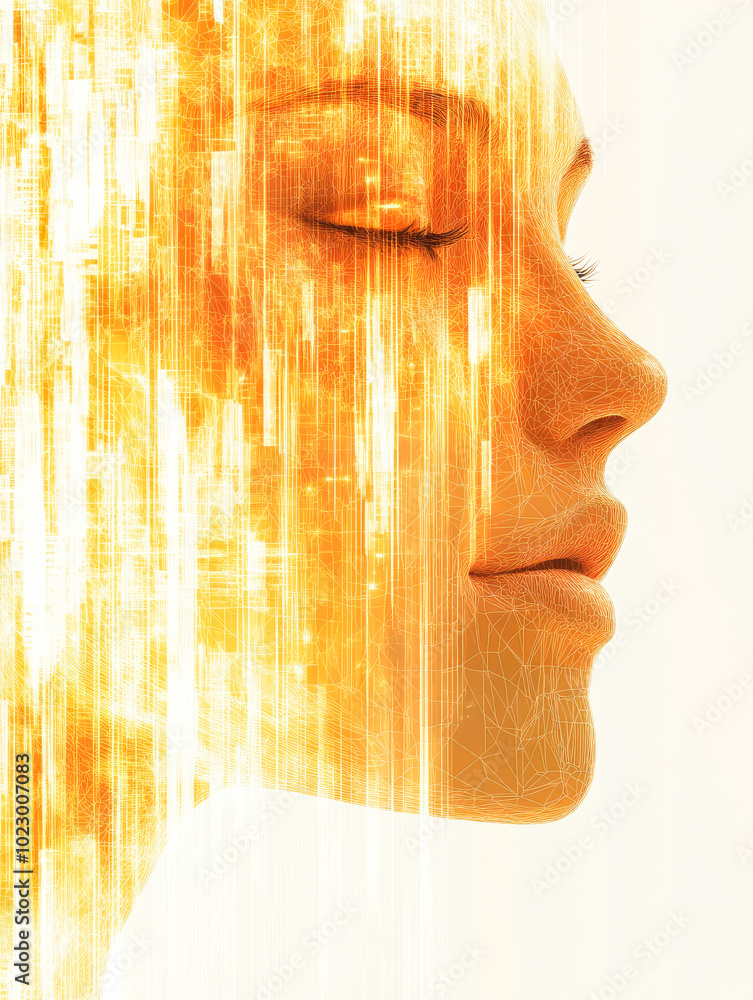 Poster a serene face in profile, adorned with golden digital patterns that merge elegance with modern artis