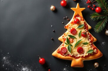 Christmas tree shaped pizza is laying on black background