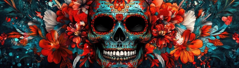 Naklejka premium A vibrant floral skull design showcasing vivid colors and intricate details, perfect for artistic and cultural themes.