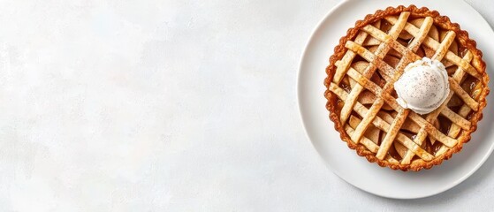 Traditional apple tart with lattice crust, cinnamon sprinkles, and a scoop of vanilla ice cream
