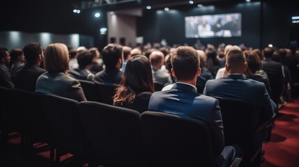 businessmen and businesswomen in conference room, listening to the speakers which is on stage attentively