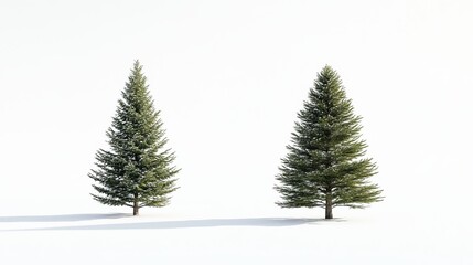 A single spruce tree stands out against a white backdrop. You can also see a fir, pine, and another spruce tree, all separate from the background. One of the spruce trees is shown from the side.