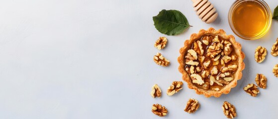 Honey walnut tart drizzled with honey and topped with crushed walnuts