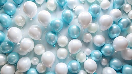 From above, light blue balloons float on a white canvas, ideal for enhancing celebrations and events, adding a touch of joy and elegance.