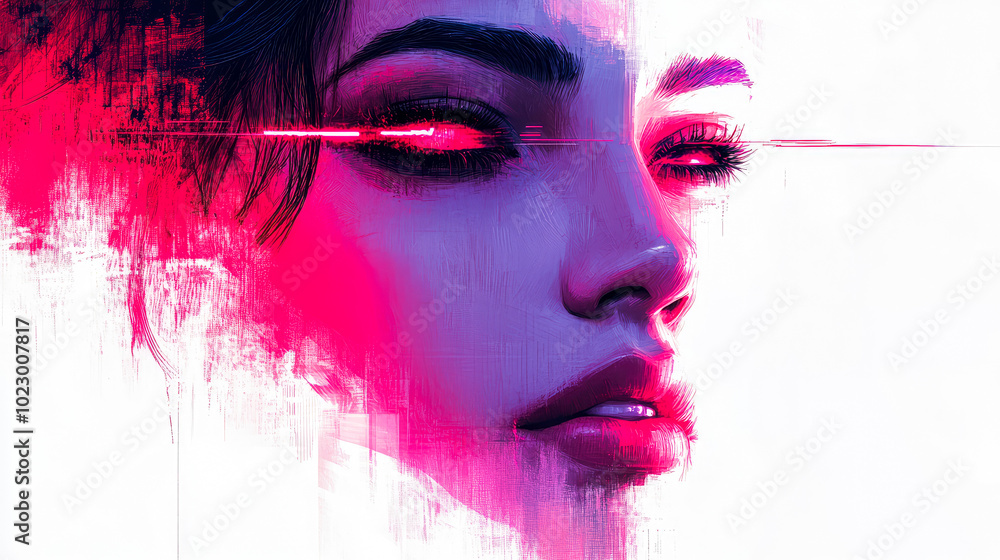 Poster digital representation of a face with abstract pink lines, symbolizing the intersection of human emo
