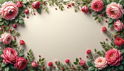 Fototapeta premium A frame of pink roses and green leaves on a white background