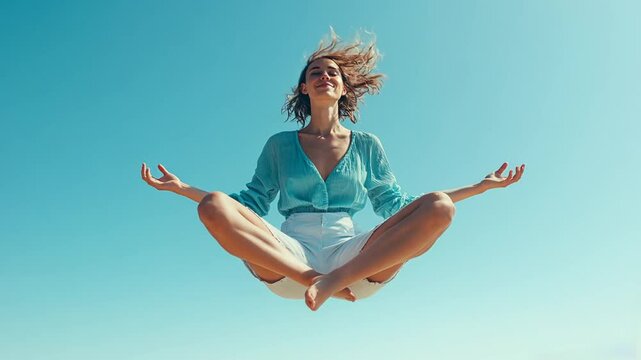 Woman floating peacefully in a cross-legged meditation pose in the sky