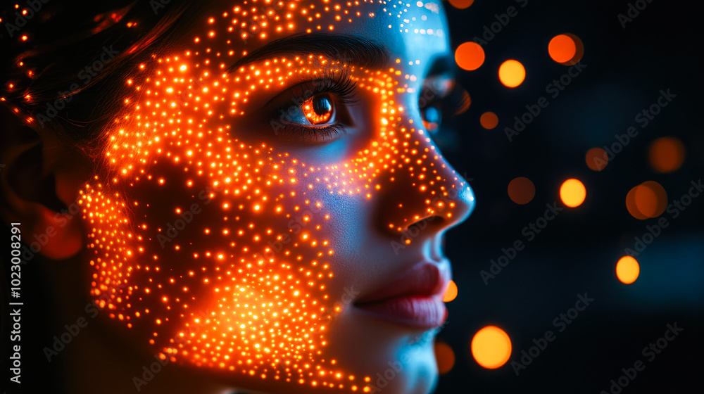 Poster a detailed face covered in luminous data points, showcasing the interactive relationship between tec
