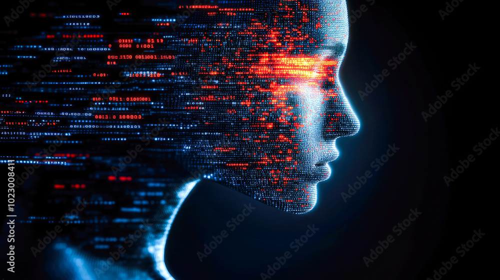 Poster a side profile of a humanoid face is illustrated using red binary code, embodying digital integratio