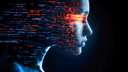 A side profile of a humanoid face is illustrated using red binary code, embodying digital integration creatively and futuristically.
