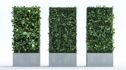 Set of three modern green garden walls standing against a white backdrop