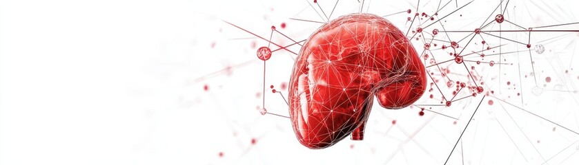Detailed anatomical illustration of a liver in pain, glowing in red, surrounded by abstract medical symbols, organ pain, liver health concept
