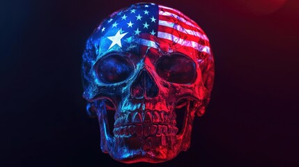 A striking skull design adorned with the American flag, illuminated in vibrant red and blue shades, symbolizing patriotism and rebellion.