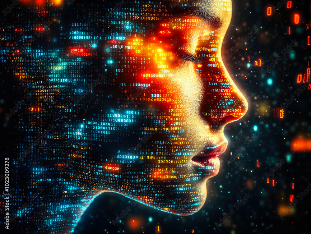 Poster this digital artwork features a face overlaid with colorful binary code, representing the mystic fus