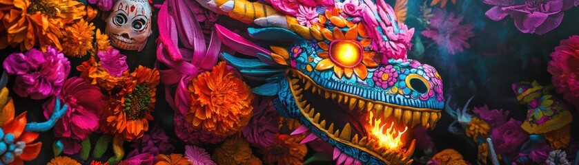 Fototapeta premium A vibrant dragon adorned with flowers and skulls, celebrating cultural traditions and artistry in a colorful, mystical setting.