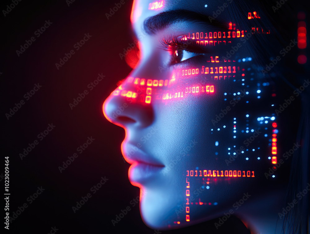 Poster a side profile of a face with vivid red and blue binary code light patterns, representing the fusion