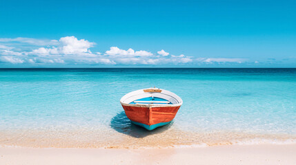 Vibrant wooden boat rests on a pristine beach with clear turquoise waters and a bright blue sky.