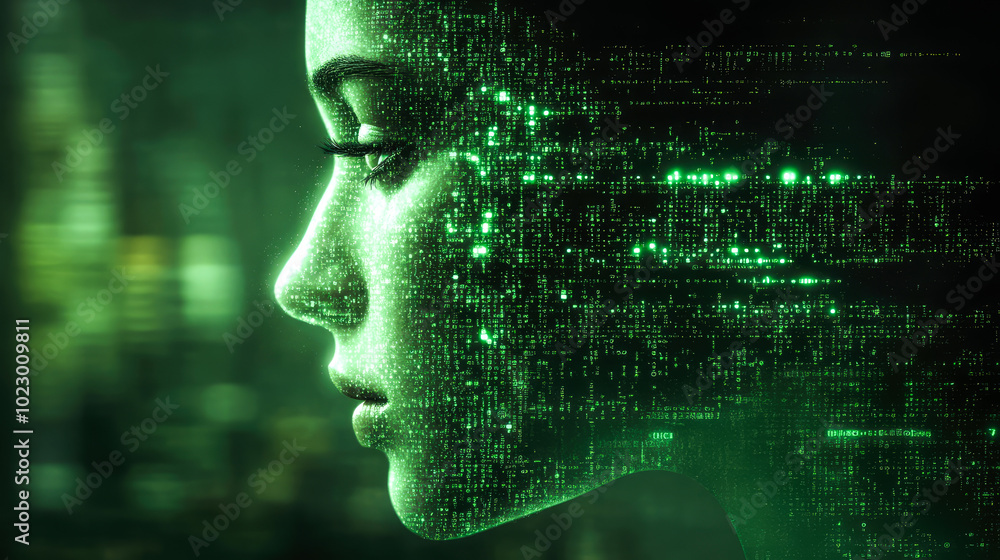Poster a side profile of a digital face with green matrix-style data streaming through, symbolizing tech in