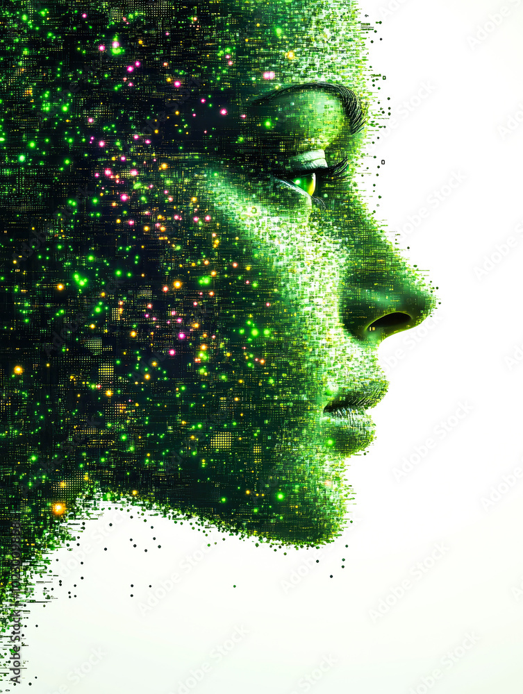 Poster a digital profile of a face with green sparkles creating an abstract technology-inspired artistic de