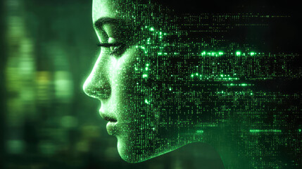 A side profile of a digital face with green matrix-style data streaming through, symbolizing tech in modern art.