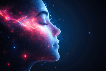A digital face in a cosmic energy field, depicting a blend of futuristic technology with art in striking visual aesthetics.