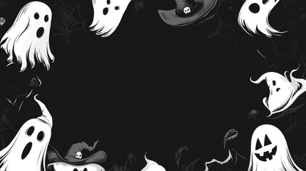 Obraz premium Frame with floating ghosts in different expressions, some wearing witch hats, on dark starry background. Halloween holiday concept.