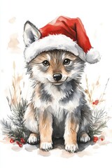 Hand drawn watercolor image of a cute wolf cub wearing a santa hat. ai generated