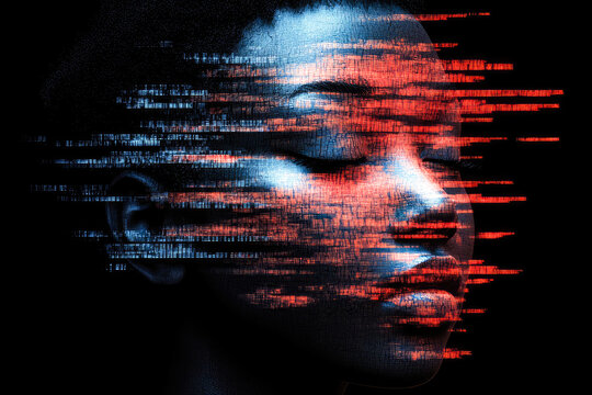 An evocative face depicted with red streaming pixels on a dark canvas, reflecting themes of transition and technological influence.