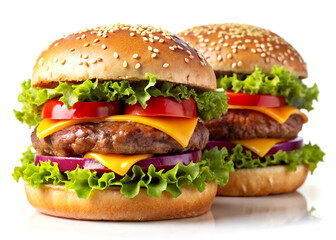 Delicious fast food, burger, hamburger, cheeseburger, isolated on white background.